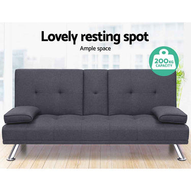 Artiss Sofa Bed Lounge Futon Couch Beds 3 Seater Convertible Cup Holder Fabric Dark Grey